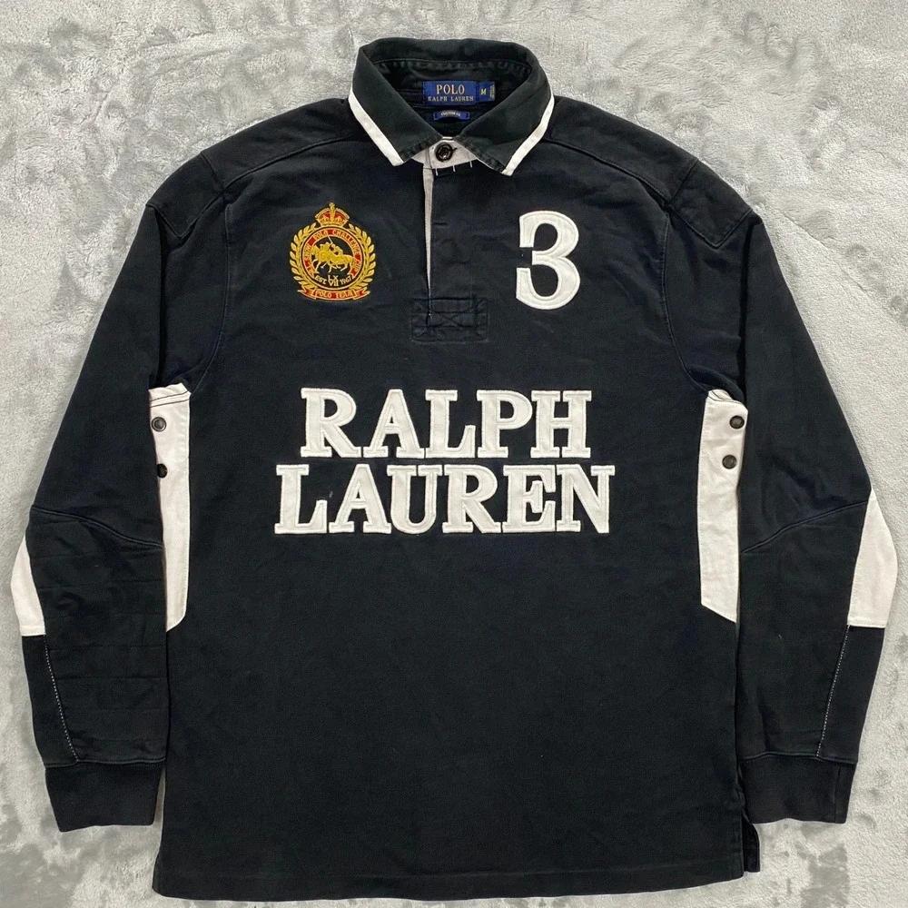 Vintage 90s Polo Ralph Lauren St. Moritz World Cup LS Rugby Shirt Men's M Black